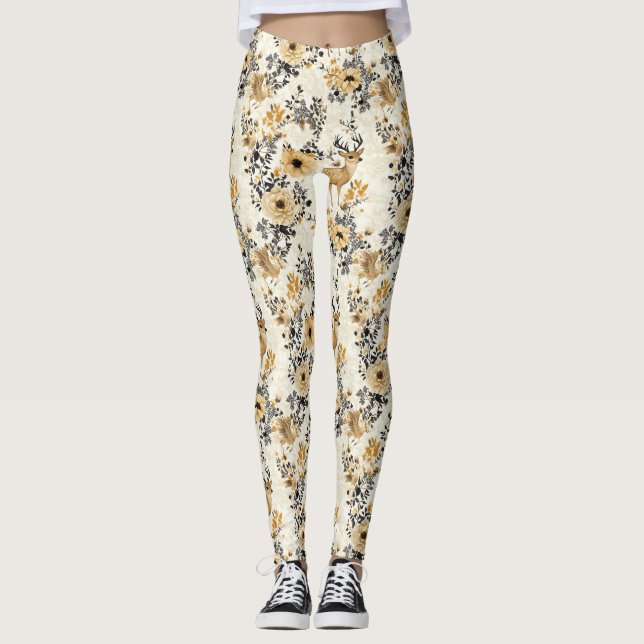Legging Padrão de Veado Floral Vintage (Frente)