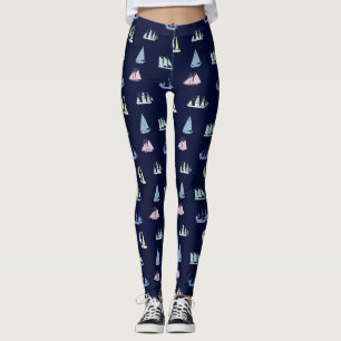 Legging Padrão de veleiro de Pastel no azul da meia-noite