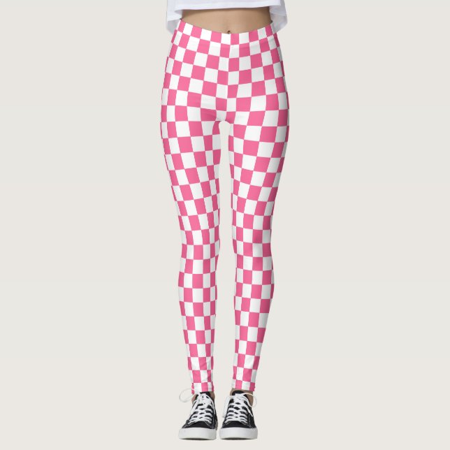 Legging Padrão de Verificação Branco Cor-de-Rosa (Frente)
