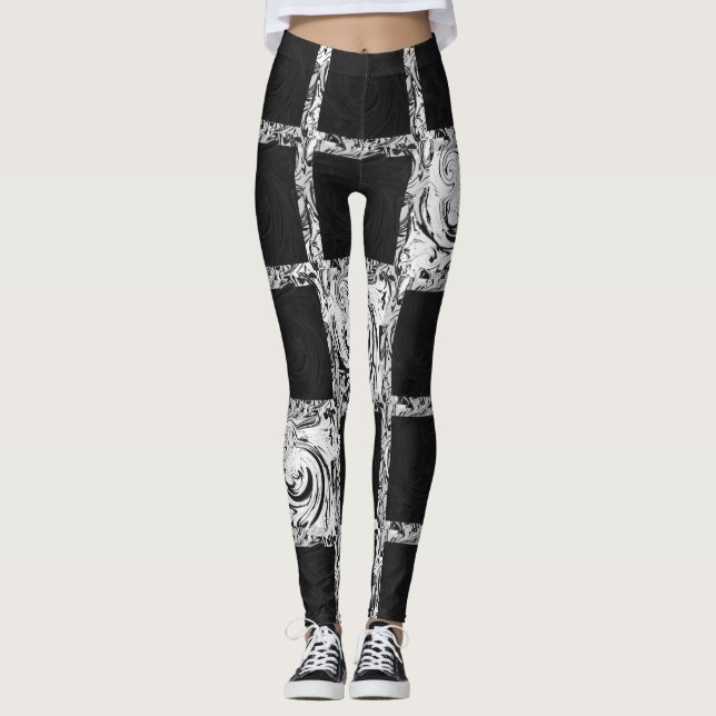 Legging padrão de verificação branco preto (Frente)