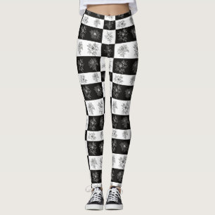 Legging Padrão de verificação das flores pretas e brancas