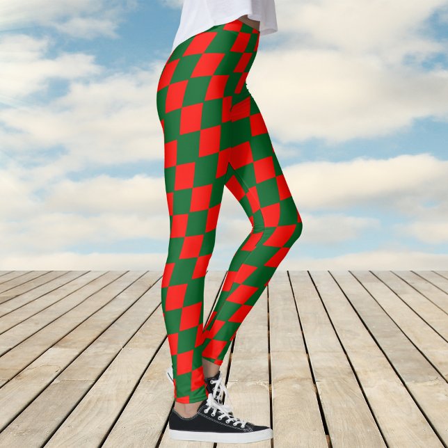 Legging Padrão de Verificação de Harlequin Vermelho e Verd (Red and Green Harlequin Check Pattern Leggings)