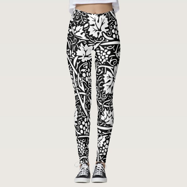 Legging Padrão de videira preta e branca de William Morris (Frente)