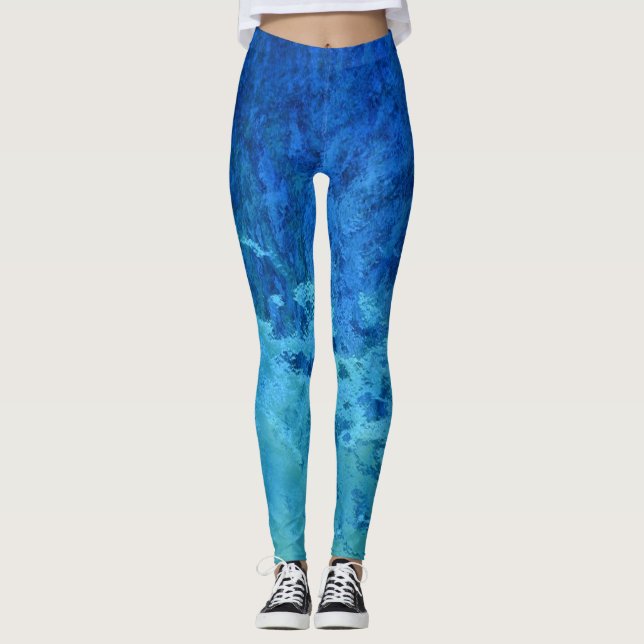 Legging padrão de vidro manchado a azul e abstrato verde (Frente)