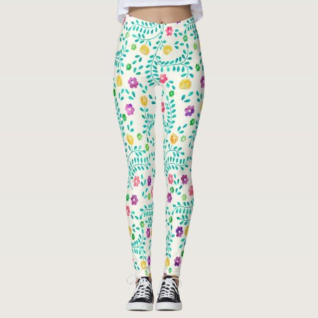 Legging Padrão de Vinhas e Flores de Aquarela (Frente)