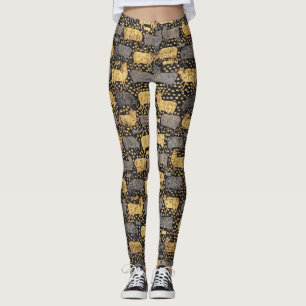 Legging Padrão de Vintage Black Dourado Cow Viagem de Ve