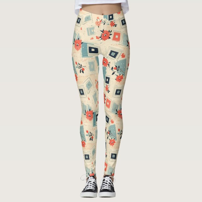 Legging Padrão de Vintage Floral & Camera (3) (Frente)