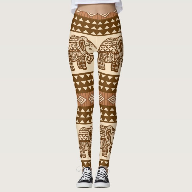 Legging Padrão de Vintagem Geométrica de Elefantes Étnicos (Frente)