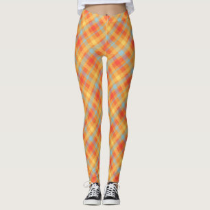 Legging Padrão de Xadrez Azul Pálido Laranja Diagonal