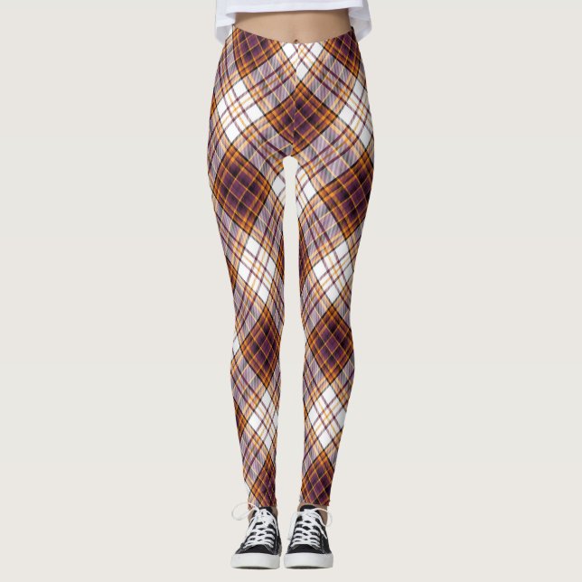 Legging Padrão de Xadrez Branca, Roxo e Laranja do Hallowe (Frente)