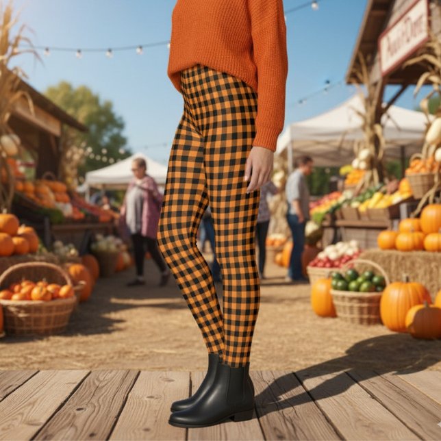 Legging Padrão de Xadrez de Búfalo Negro Laranja-Corte (Cute Orange Black Buffalo Plaid Pattern Leggings)