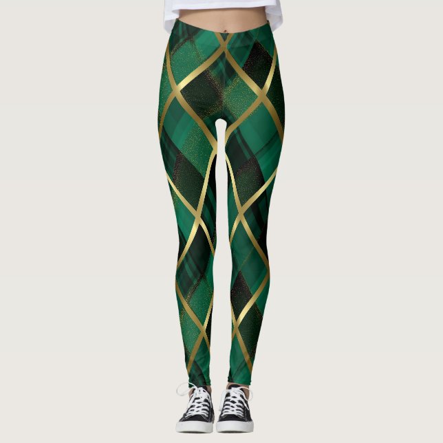 Legging Padrão De Xadrez Dourada E Verde De Natal (Frente)