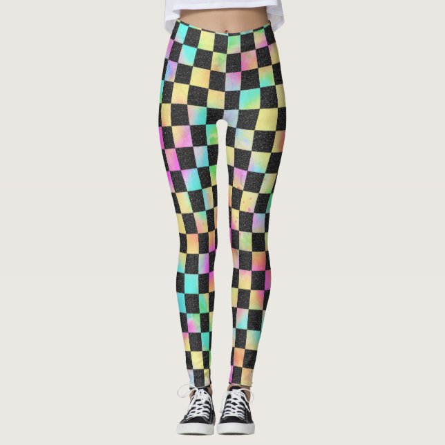 Legging Padrão de Xadrez em Cores dos Anos 80 (Frente)