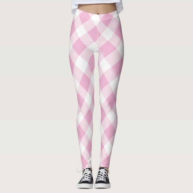Legging Padrão de Xadrez Rosa e Branco Garota Adolescente  (Frente)