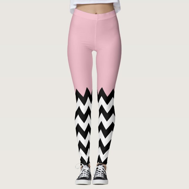 Legging Padrão de ziguezague preto e branco, Chevron, rosa (Frente)