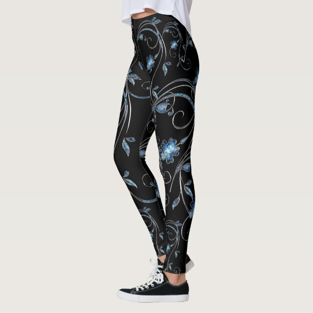 Legging Padrão Decorativo de Flor Azul Elegante Floral (Esquerda)
