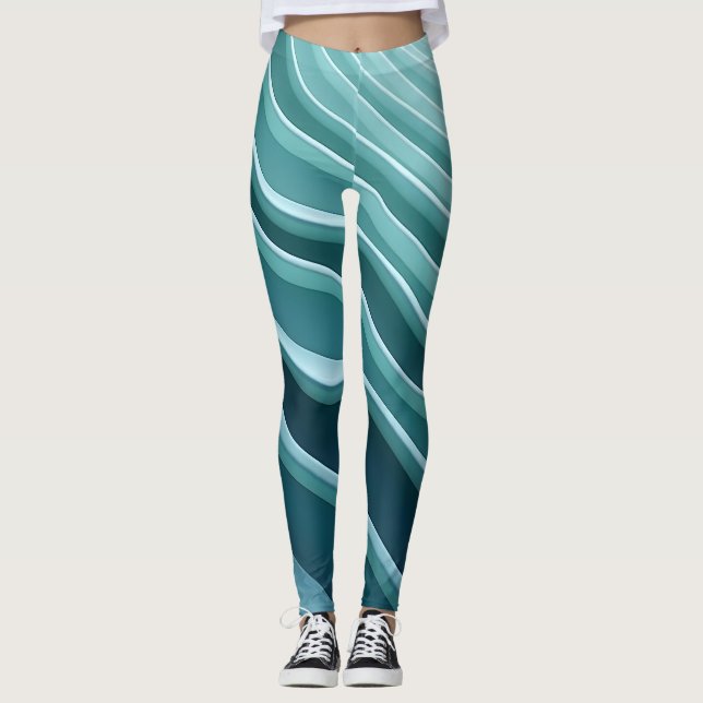 Legging Padrão dinâmico de ondas em teal e turquesa (Frente)
