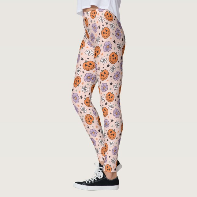 Legging Padrão Diversão de Abóboras e Flores do Halloween (Esquerda)