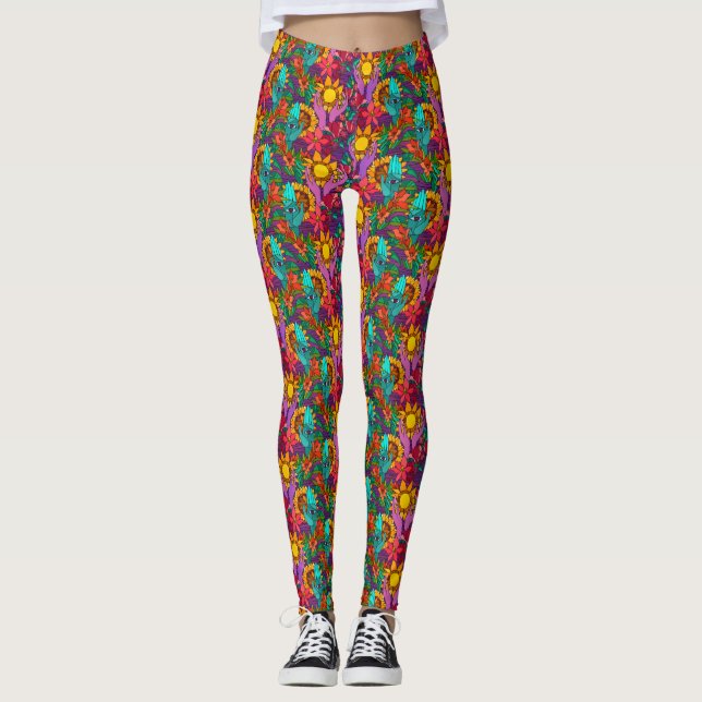 Legging Padrão divertido com flores e mãos (Frente)