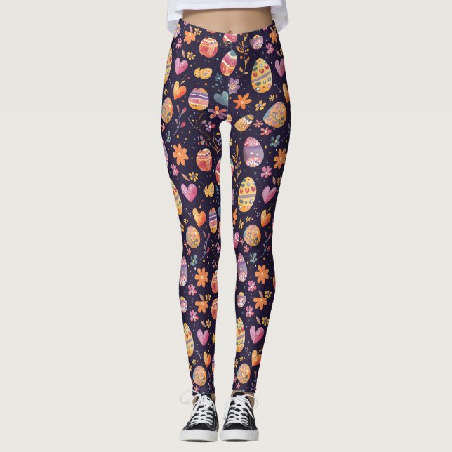 Legging Padrão Divertido de Ovos e Flores de Páscoa (Frente)