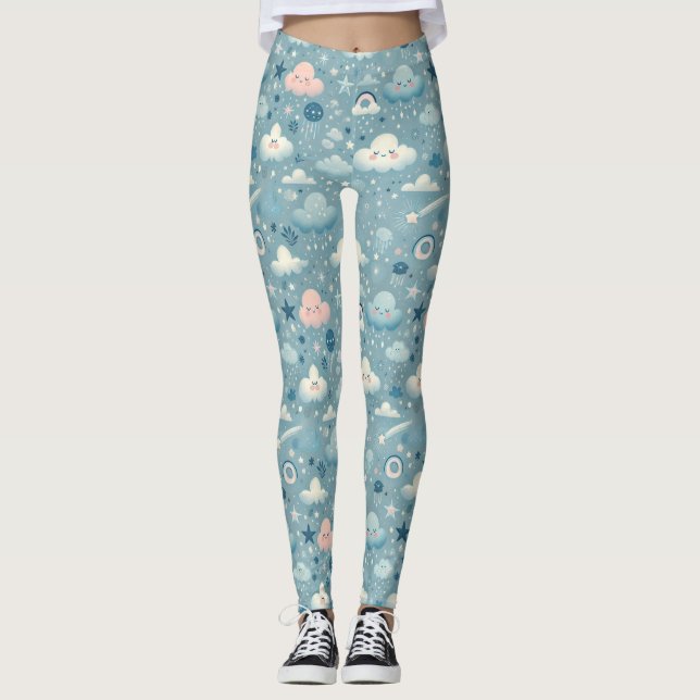Legging Padrão do Céu Whimsical com Nuvens, Estrelas - Azu (Frente)