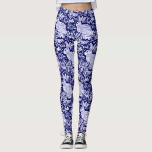 Legging Padrão do Coelho Azul Escuro Pássaro Branco Floral