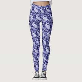 Legging Padrão do Coelho Azul Escuro Pássaro Branco Floral