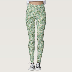 Legging Padrão do Flor Branco Elegante no Verde do Sábio P