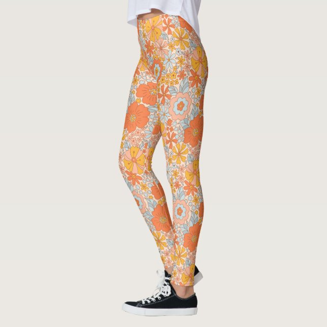 Legging Padrão do Flor Retro Laranja (Esquerda)