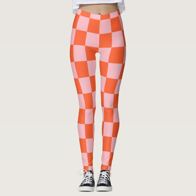 Legging Padrão do quadro de verificação laranja e rosa (Frente)