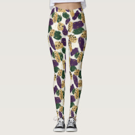 Legging Padrão Dourado de Brushstrokes Roxo Verde