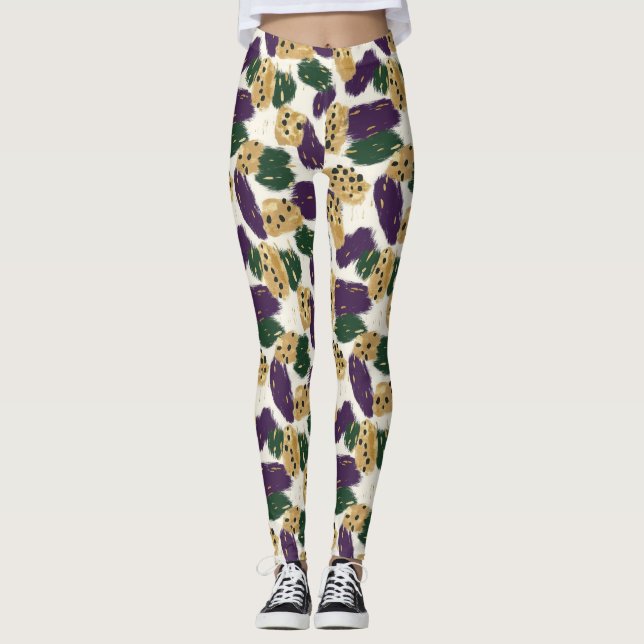 Legging Padrão Dourado de Brushstrokes Roxo Verde (Frente)
