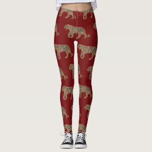 Legging Padrão Dourado de Tigre Vermelho Negro-Fashionista