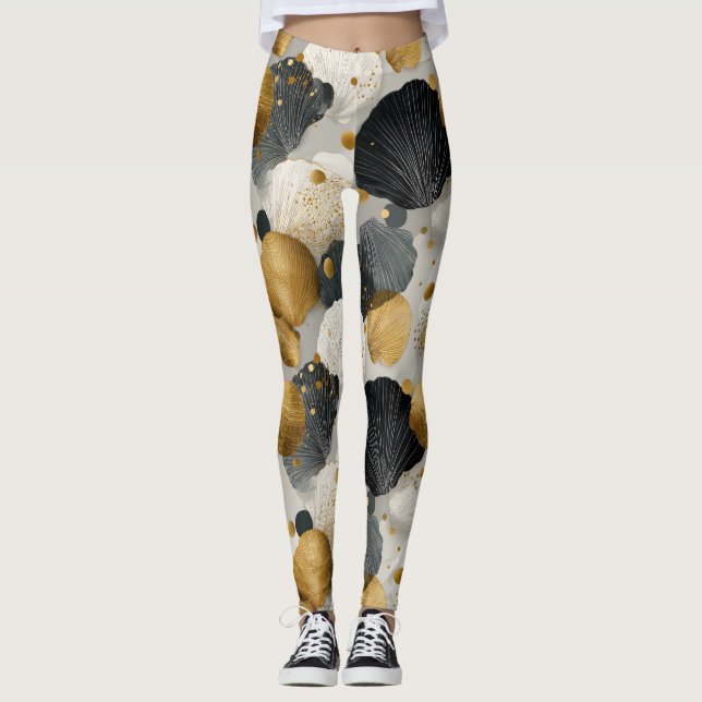 Legging Padrão Elegante de Concha de Ouro e Carvão (Frente)