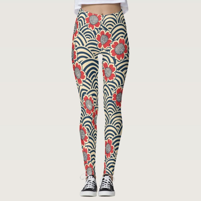 Legging Padrão Elegante De Flor De Cereja Sem Olho (8) (Frente)