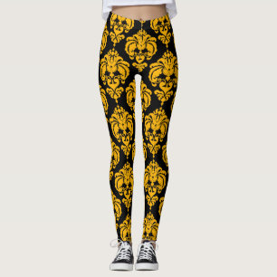 Legging Padrão Elegante Moderno Chic Damasco Amarelo e Pre