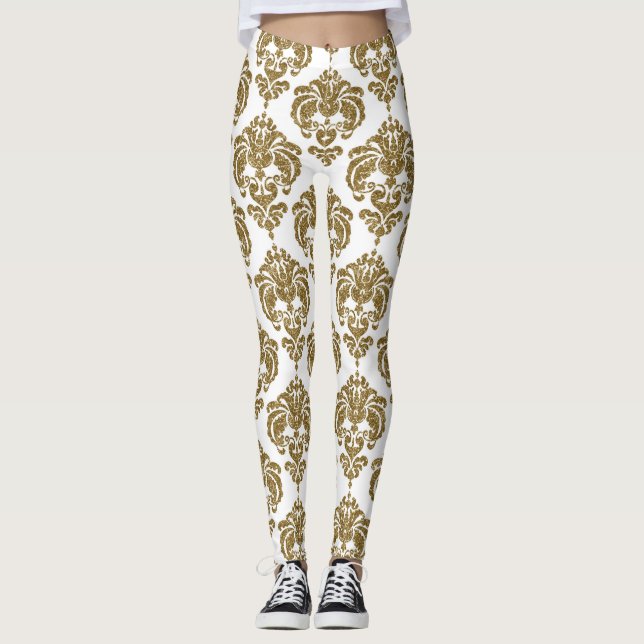 Legging Padrão Elegante Moderno Chic Damasco Dourado e Bra (Frente)