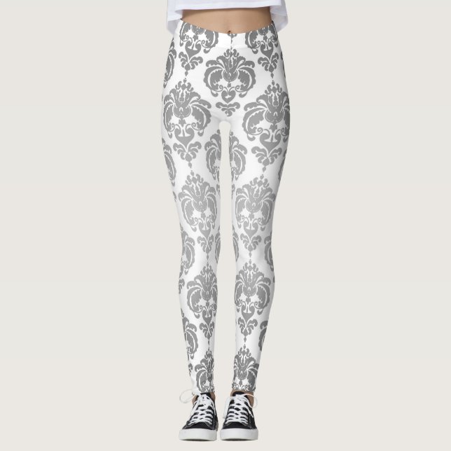 Legging Padrão Elegante Moderno Chic Damasco Prata e Branc (Frente)