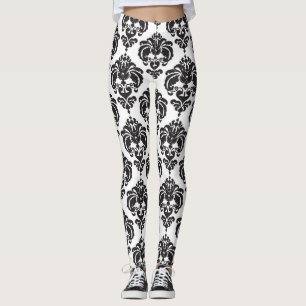 Legging Padrão Elegante Moderno Chic Damasco Preto e Branc
