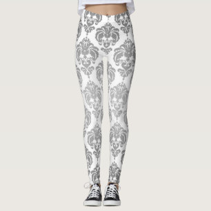 Legging Padrão Elegante Moderno Chic Damasko Prata e Branc