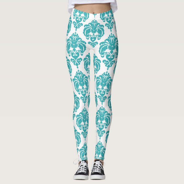 Legging Padrão Elegante Moderno do Damasco Branco e Teal (Frente)