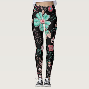 Legging Padrão Escuro do Bordado Floral Vintage