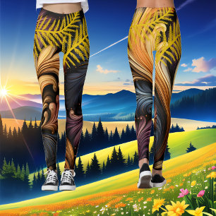Legging Padrão Escuro Vibrante de Arte Abstrato e Penas do