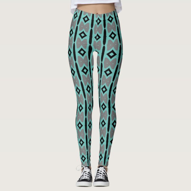 Legging Padrão Exclusivo de Cinza Negra Teal (Frente)