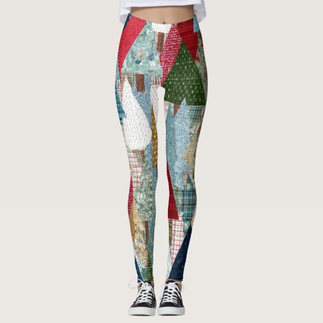 Legging Padrão Festivo de Árvore de Natal em Patchwork (Frente)