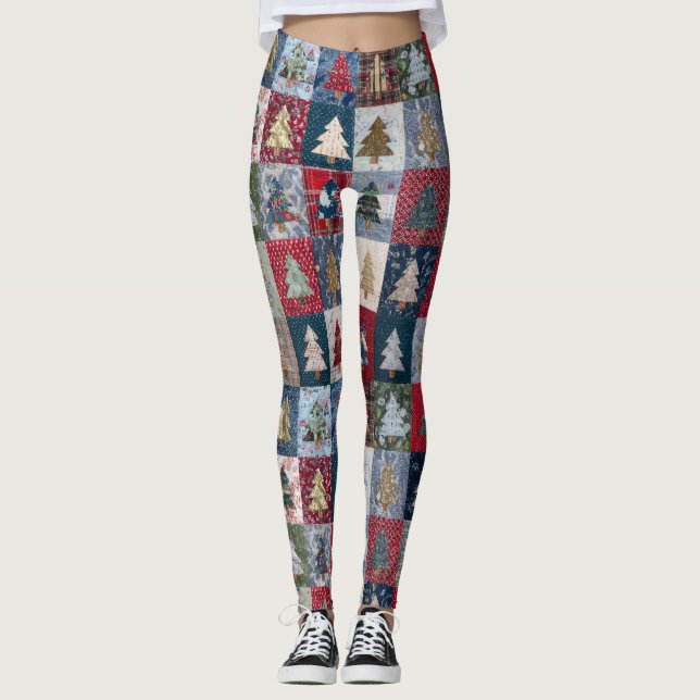 Legging Padrão Festivo de Árvore de Natal em Patchwork (4) (Frente)