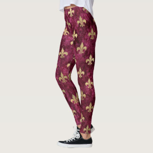 Legging Padrão Fleur De Lis Vermelho Veludo Mardi Gras Orl