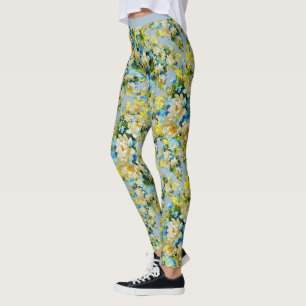 Legging Padrão Flor Branco Vintage Azul Yoga
