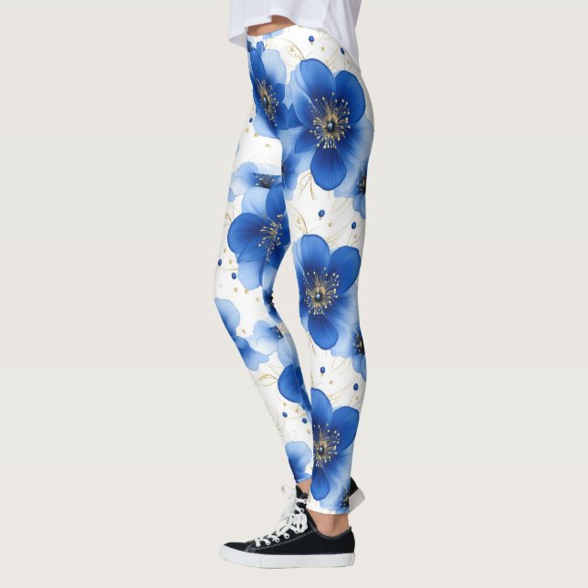 Legging Padrão Floral Azul com Acentos Dourados (Esquerda)