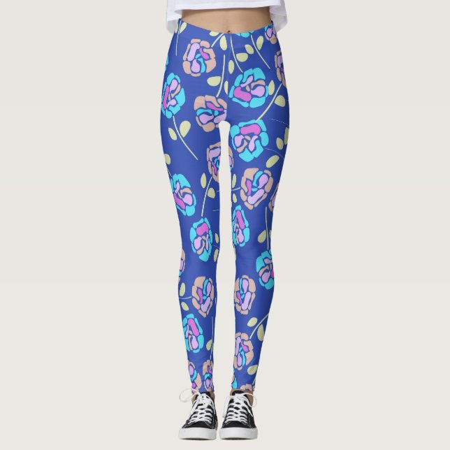 Legging Padrão Floral Azul e Roxo (Frente)